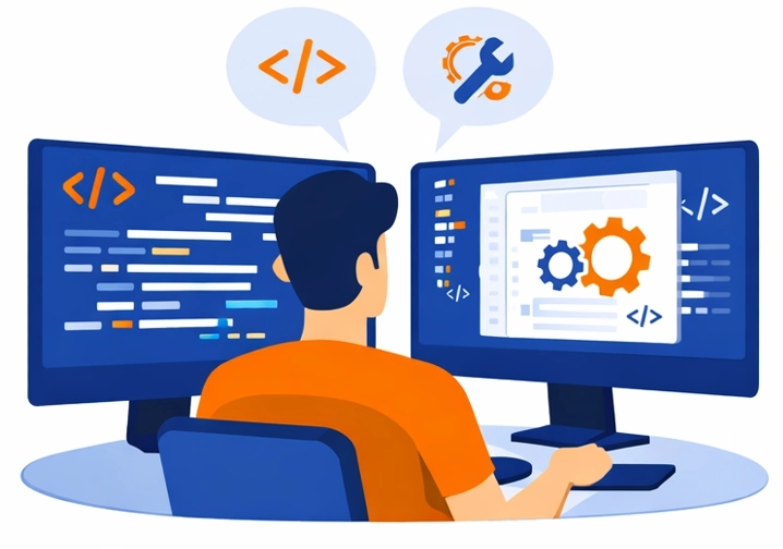 Sviluppo API e personalizzazioni software con programmatore davanti a doppio monitor e codice