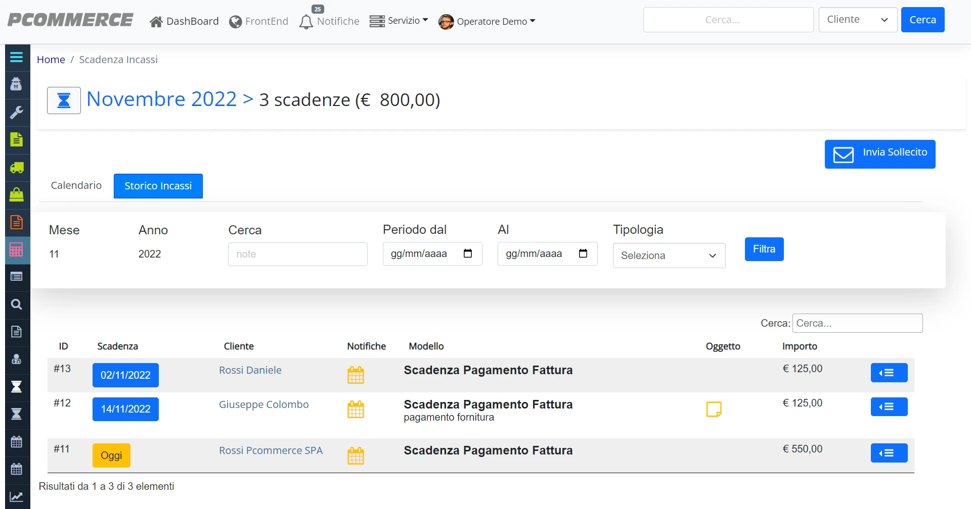 Calendario delle scadenze clienti